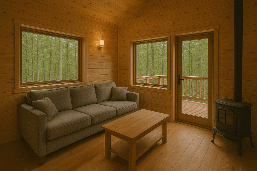 Un salon cosy dans une cabane atypique avec des murs en bois clair, un canapé gris confortable, une table basse en bois et une porte vitrée menant à un balcon avec vue sur les arbres, ainsi qu'un poêle à bois.