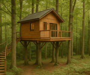 Une charmante cabane en bois surélevée dans une forêt verdoyante