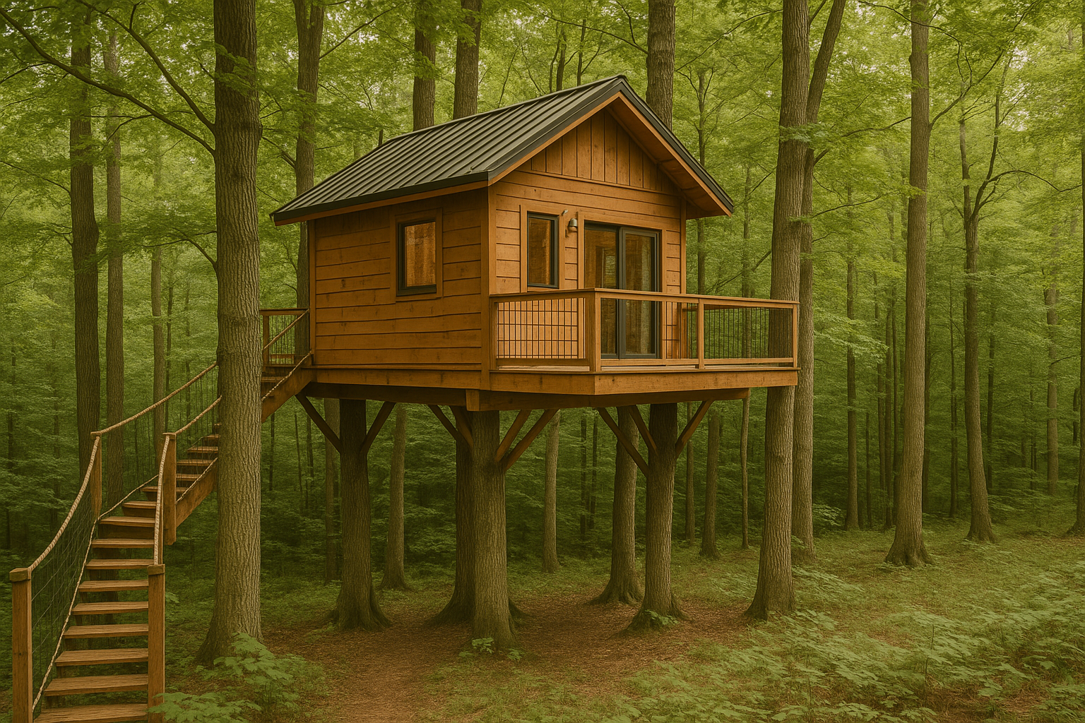 Une charmante cabane en bois surélevée dans une forêt verdoyante, soutenue par plusieurs troncs d'arbres, avec un balcon et un toit en pente, s'intégrant parfaitement dans le paysage naturel.