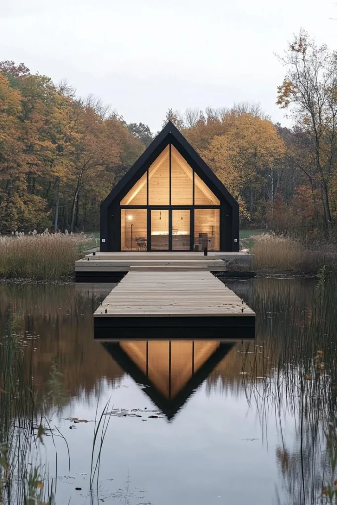 Voici plusieurs options pour le texte alternatif de l'image, en tenant compte de la nature "insolite" de atypikhouse et du cadre unique : Option 1 (Descriptive, mettant en avant le logement insolite) : "Une maison moderne et minimaliste de couleur noire avec de grandes baies vitrées lumineuses, située au bord d'un lac, avec un ponton en bois menant à l'entrée. Le paysage automnal aux arbres aux teintes chaudes se reflète dans l'eau. Un logement insolite sur l'eau.