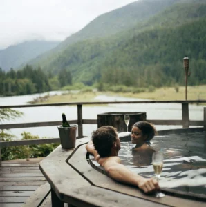 Un couple se détend dans un bain à remous extérieur en bois, avec une bouteille de champagne et des flûtes, offrant une vue imprenable sur un lac ou une rivière et des montagnes verdoyantes en arrière-plan. Une expérience de séjour insolite et romantique.