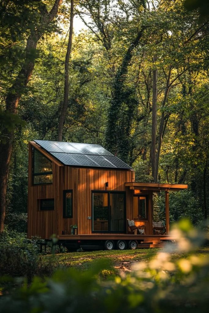 Une tiny house moderne en bois avec des panneaux solaires sur le toit, nichée au milieu d'une forêt verdoyante. Un logement insolite et écologique offrant une évasion en pleine nature.