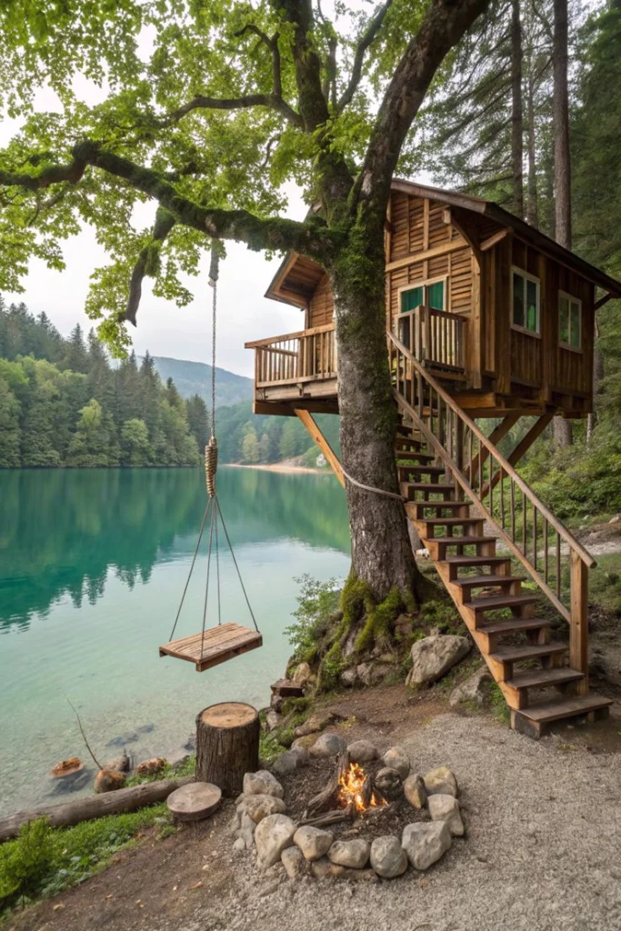 Une cabane en bois chaleureuse perchée dans un arbre robuste au bord d'un lac à l'eau turquoise, avec des escaliers menant à l'entrée. Une balançoire en bois est suspendue à une branche, et un feu de camp crépite au sol, créant un cadre parfait pour un séjour insolite.