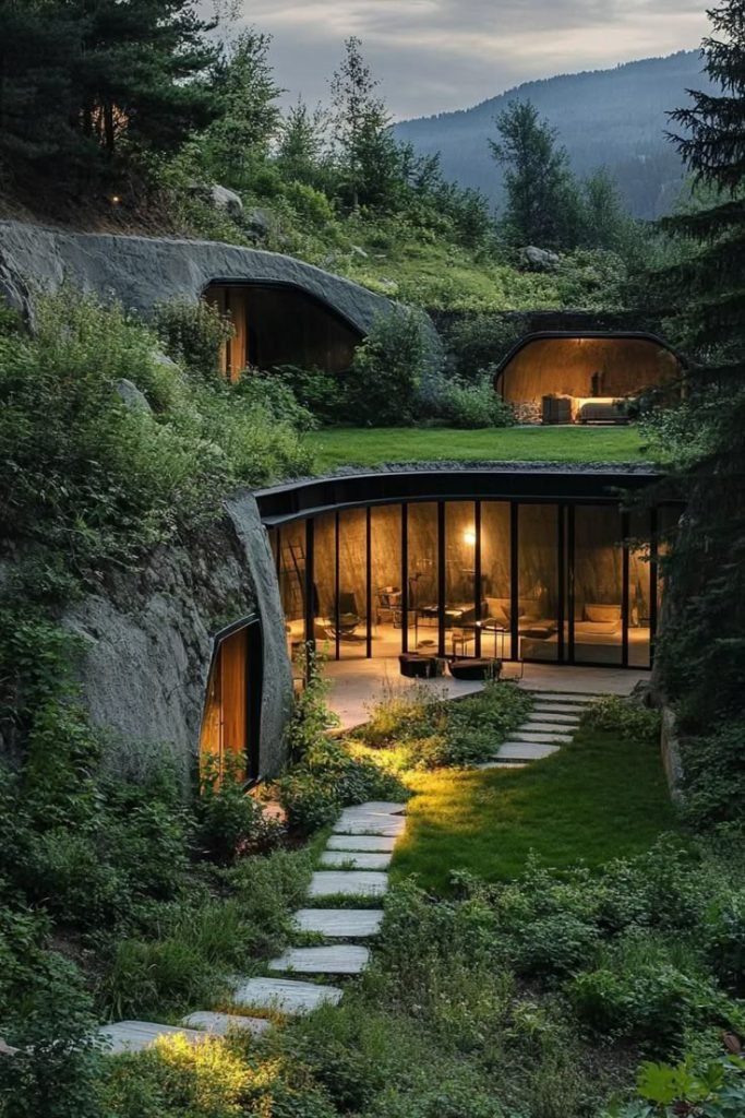 Une maison troglodyte moderne et luxueuse intégrée dans le flanc d'une colline verdoyante. Ses larges baies vitrées éclairées révèlent un intérieur chaleureux, avec un chemin de pierres menant à l'entrée. Un hébergement insolite et futuriste