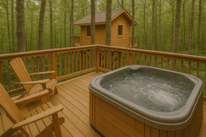 Une terrasse en bois spacieuse avec un jacuzzi bouillonnant et deux chaises longues, entourée d'arbres, avec une cabane en bois visible en arrière-plan au milieu de la forêt.