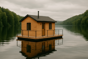 Une maison flottante, dotée d'une terrasse clôturée et reflétée sur la surface calme de l'eau, avec des forêts en arrière-plan.