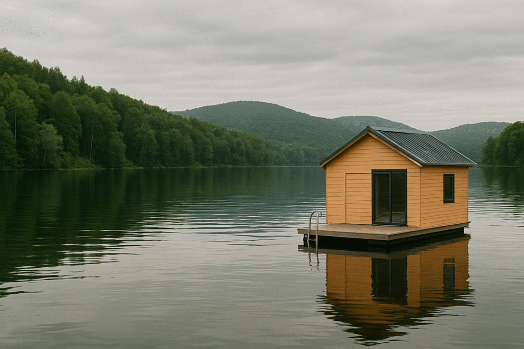 Une petite maison flottante en bois clair avec un toit sombre et une petite terrasse, naviguant paisiblement sur un lac calme, entourée de collines verdoyantes sous un ciel nuageux.