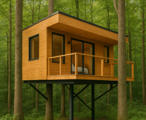 Une cabane en bois moderne sur pilotis, située dans une forêt dense.
