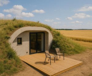 Une habitation troglodyte moderne intégrée dans une butte de terre recouverte d'herbe, donnant sur un champ de blé.