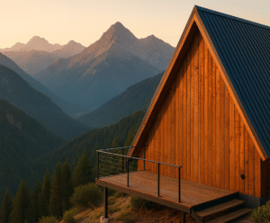 Une cabane en bois en forme de A, perchée sur une colline avec une terrasse et une vue sur les montagnes au coucher du soleil.