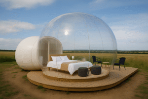 Bulle transparente pour hébergement insolite avec un lit et une terrasse, installée en pleine nature.