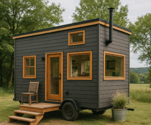 Une roulotte moderne et compacte de couleur anthracite, située dans un pré avec des arbres en arrière-plan