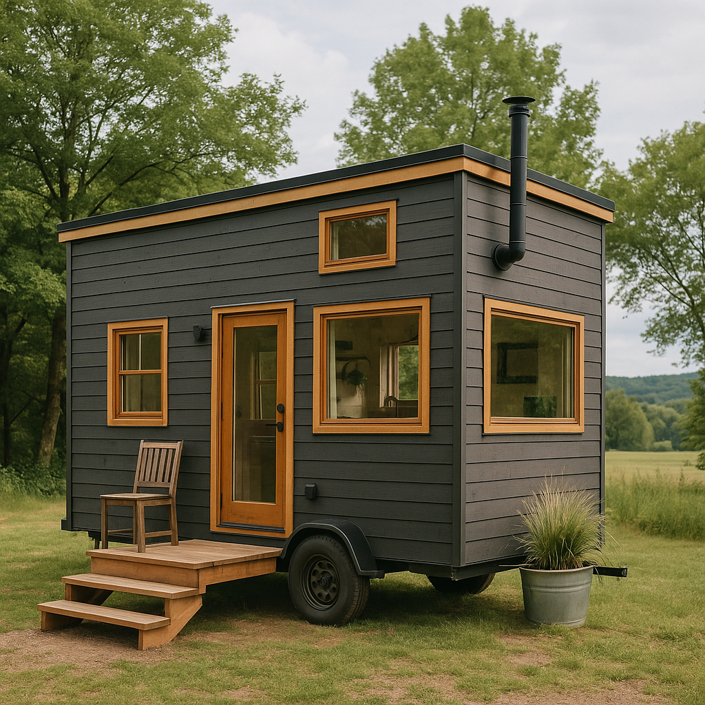 Une roulotte moderne et compacte de couleur anthracite avec des accents de bois clair autour des fenêtres et de la porte, située dans un pré verdoyant avec des arbres en arrière-plan sous un ciel nuageux.