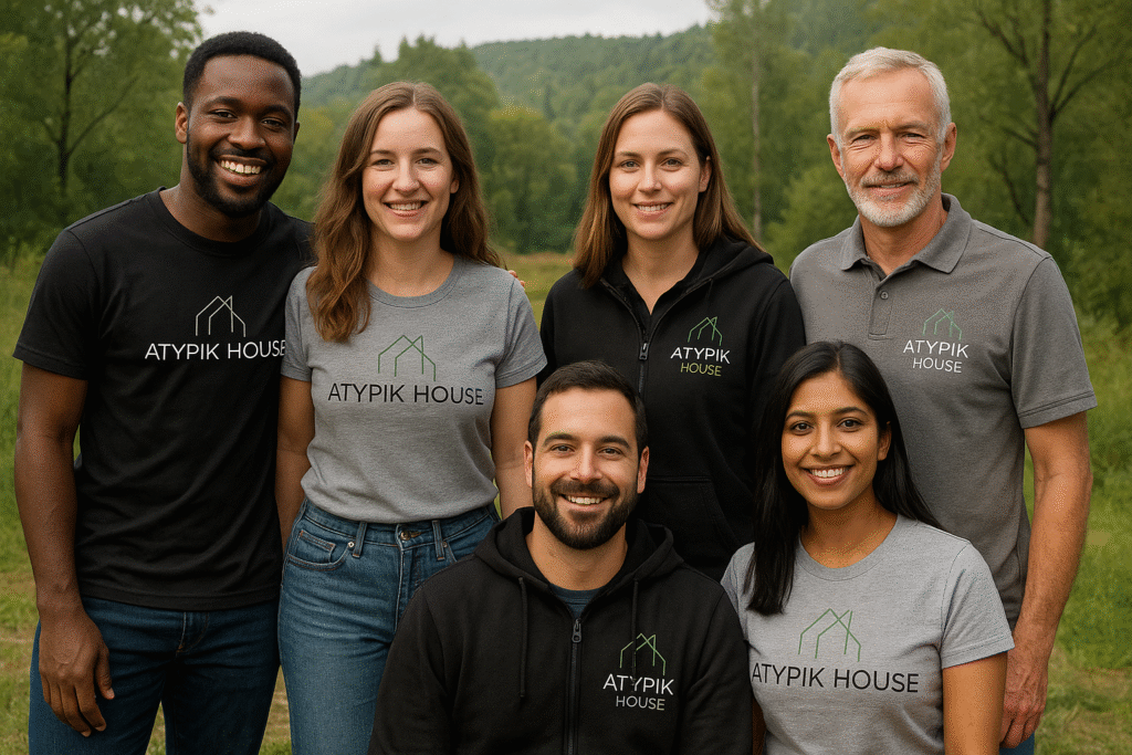 Équipe de six collaborateurs d’Atypikhouse souriants, posant en extérieur avec des vêtements floqués du logo de l’entreprise, devant un paysage verdoyant.