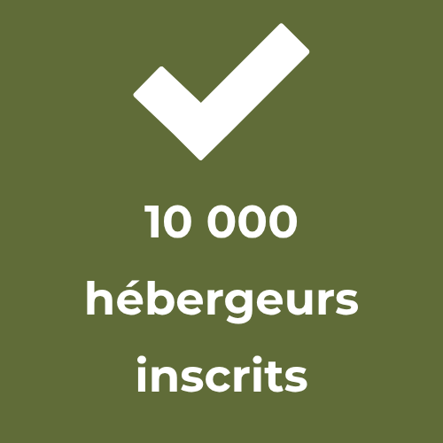 Icône d'une coche (check mark) et le texte '10 000 hébergeurs inscrits' en blanc sur un fond vert olive.