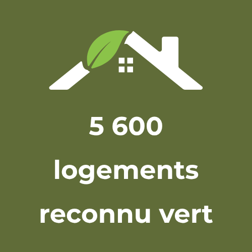Icône d'une maison avec une feuille verte sur le toit, et le texte '5 600 logements reconnu vert' en blanc sur un fond vert olive.