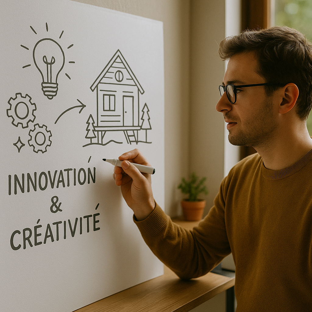 Un homme avec des lunettes dessine sur un tableau blanc une idée lumineuse, des engrenages, et une maison en bois sur pilotis, représentant l'innovation et la créativité au cœur du projet atypikhouse.