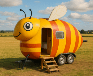 Une tiny house en forme d'abeille, jaune et orange, est garée dans un champ.