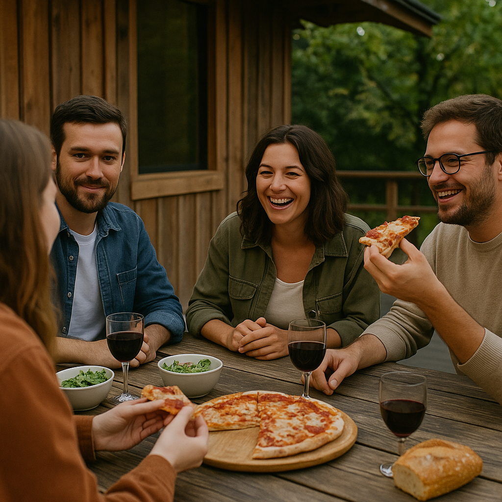 Quatre amis, dont certains rient, partagent une pizza et du vin rouge autour d'une table en bois en extérieur, illustrant l'ambiance de partage et de convivialité chez atypikhouse.