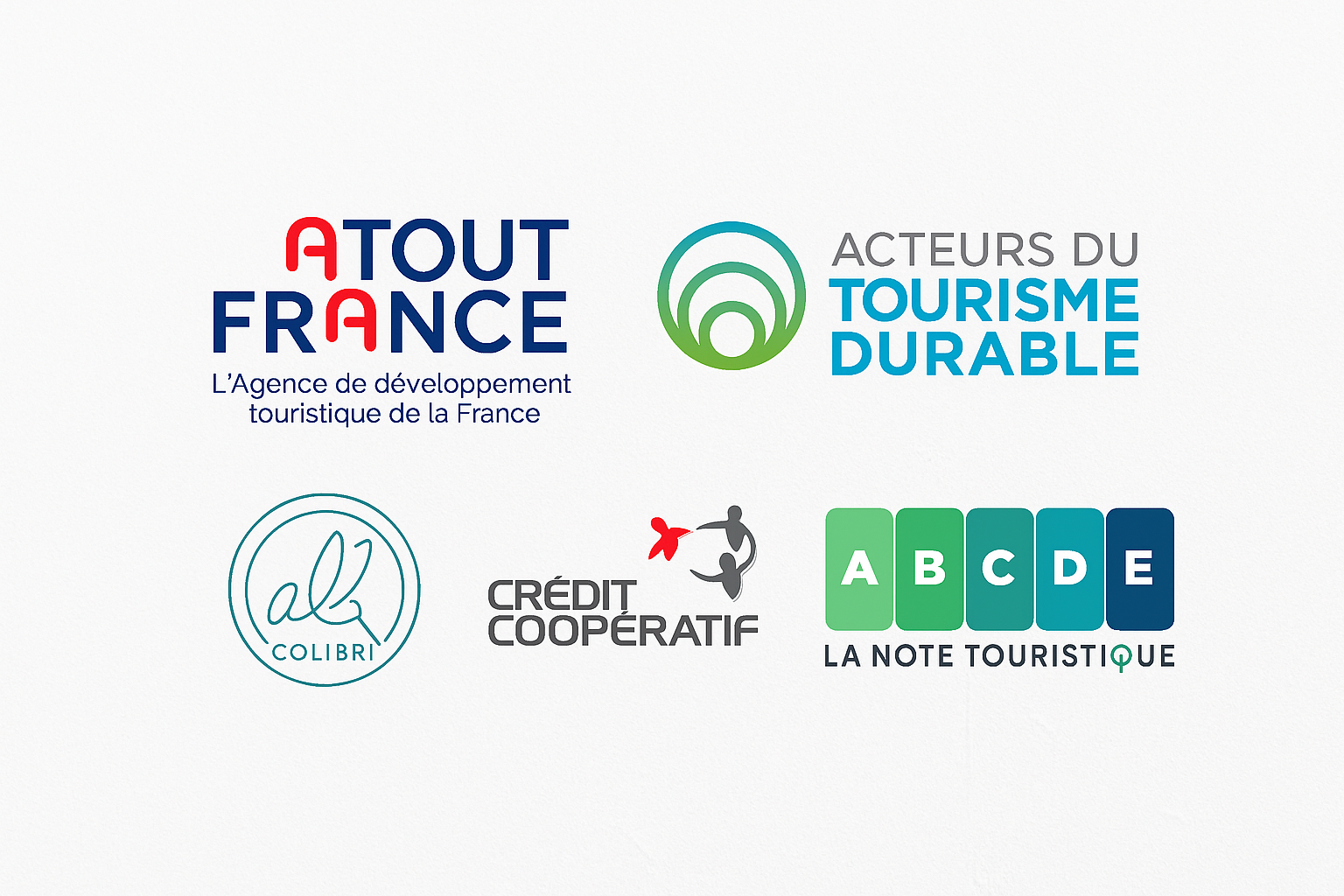 Plusieurs logos de partenaires d'atypikhouse sont affichés sur un fond blanc : Atout France, Acteurs du Tourisme Durable, Colibri, Crédit Coopératif, et La Note Touristique (avec une échelle de A à E).