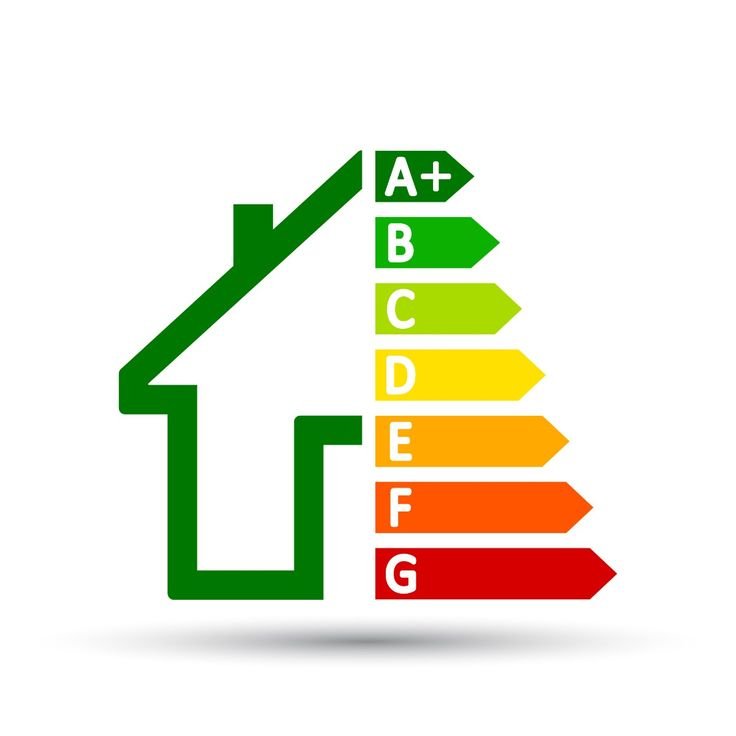 Un pictogramme vert d'une maison avec des flèches colorées sur le côté droit, représentant une échelle de classification énergétique de A+ (vert foncé) à G (rouge).