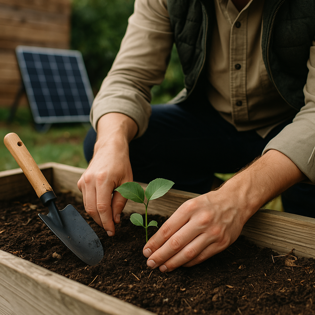 Des mains plantent une jeune pousse dans une jardinière en bois, avec un panneau solaire en arrière-plan, symbolisant l'engagement d'atypikhouse pour le respect de l'environnement.