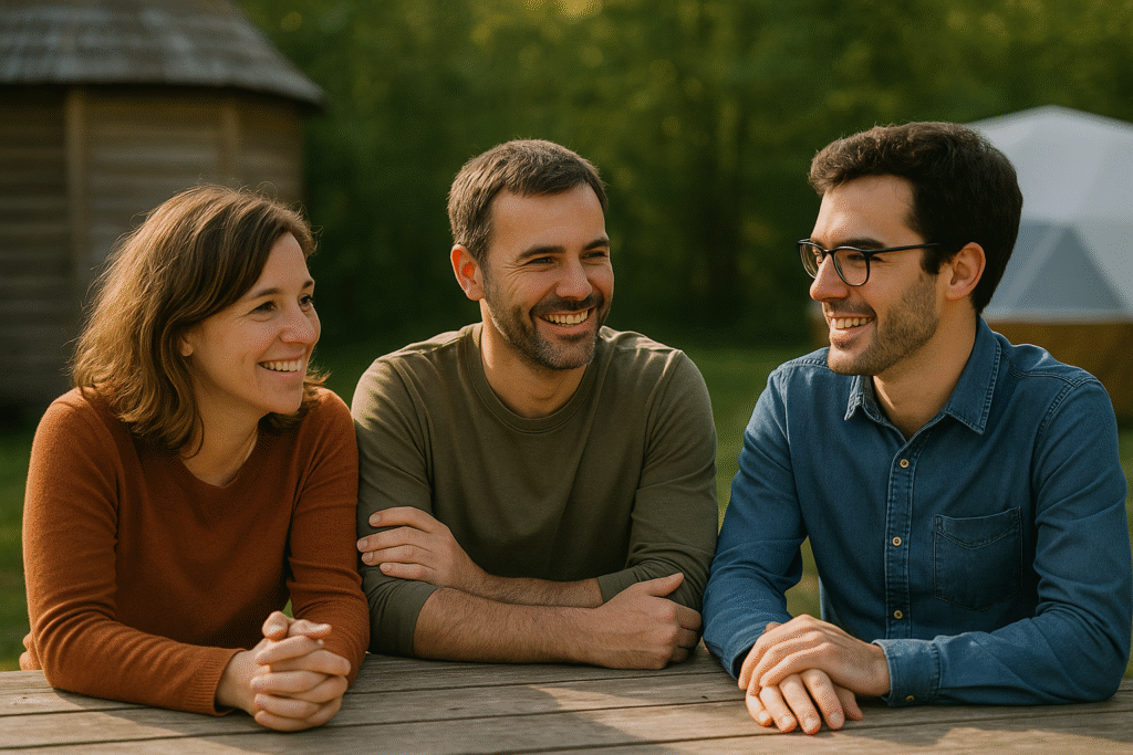 Trois fondateurs souriants d'atypikhouse, deux hommes et une femme, sont assis à une table en bois en extérieur, symbolisant la convivialité et l'esprit collaboratif de leur projet.